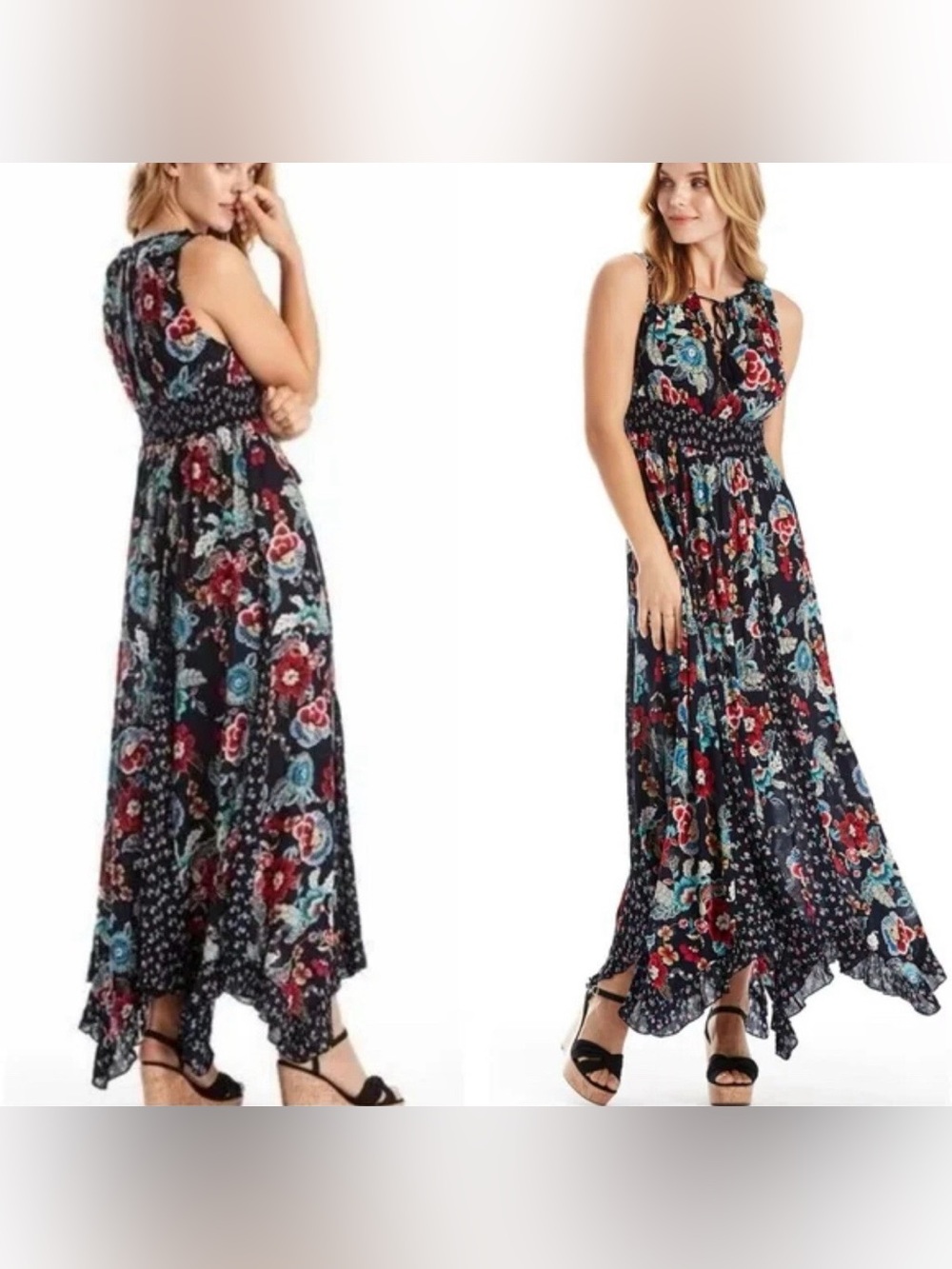 Billabong Boho Floral Maxi Dress | Sleeveless Handkerchief Hem | Size Large